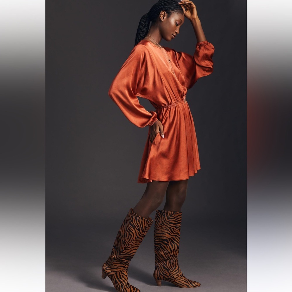 New With Tags Anthropologie Caballero Long-Sleeve Satin Animal Print Mini Dress